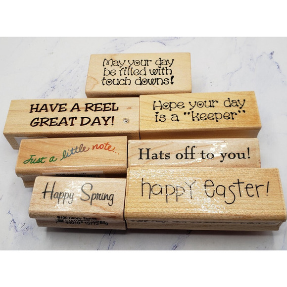 Lot of 7 Inspirational Phrases and Expressions Wood Mounted Rubber Stamps - Picture 1 of 15